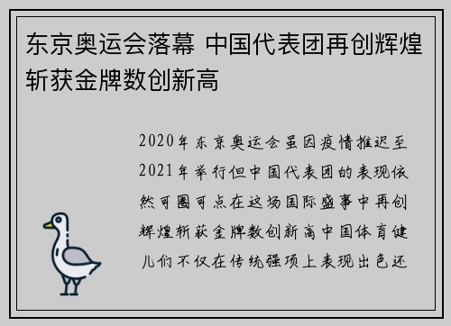 东京奥运会落幕 中国代表团再创辉煌斩获金牌数创新高